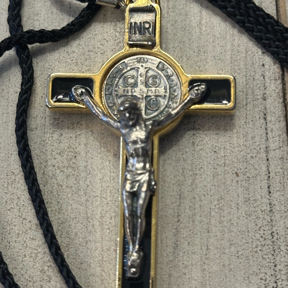 Saint Benedict Crucifix Necklace - Black and Gold - Picture 2 of 3
